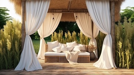 Fototapeta na wymiar Outdoor decor for garden wooden gazebo design outside. Nobody at veranda background, wicker furniture. White curtain at summer house, natural decoration with blankets, dry straw.