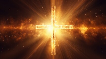Religious cross in abstract wallpaper with shining gold sparkles and radiant lights. Symbolism of heaven or the resurrection. - obrazy, fototapety, plakaty