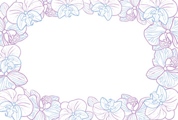 Orchid tropical flower wreath banner. Vector line art hand drawn illustration for design of card or invite, logo, coloring page