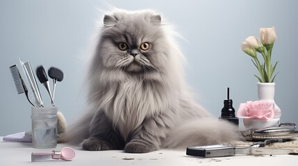 Master of grooming haircut makes gray Persian cat on the table for grooming on a white background