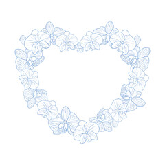 Orchid tropical flower hearts wreath. Vector line art hand drawn illustration for design of card or invite, logo, coloring page
