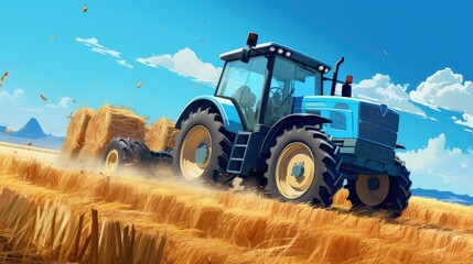 huge tractor collecting haystack in the field in a nice blue sunny day
