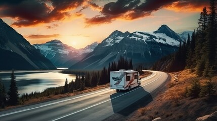Epic nature mountain view with a road side parked RV motorhome. Travelling lifestyle roadtrip adventure in the USA - obrazy, fototapety, plakaty