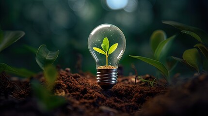 Sustainable or renewable green energy concept illustrated with a tree seedling grow and lit a led bulb as fruit. Mixed media. 3d Rendering and Photo. - obrazy, fototapety, plakaty