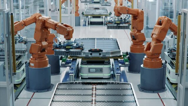 Row of Robotic Arms inside Bright Plant Assemble Batteries for Automotive Industry. EV Battery Pack Automated Production Line Equipped with Orange Advanced Robot Arms. Electric Car Smart Factory