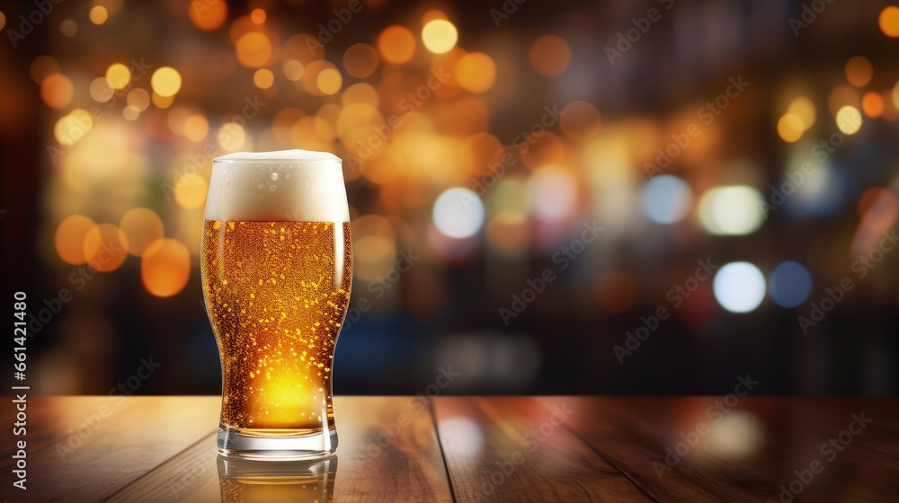 Poster glass of chilled beer on table and blurred sparkling bar background.