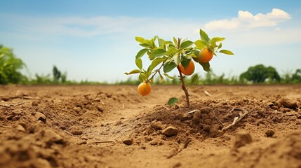 Drought soil on farm field. Planting a Mandarin trees. Orange Mandarin trees at plantation. Agricultural drought. Lack of water, rain and moisture in hot heat caused soil drought in farmers' field. - obrazy, fototapety, plakaty