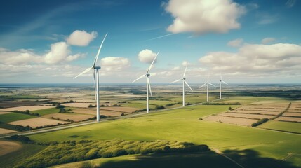 Aerial photo of wind turbines in the fields, Rye, Sussex
