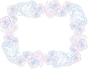 Tropical king protea and orchid flower frame boarder, hand drawn sketch flower head in pastel blue and pink color. Vector background for card or invite.
