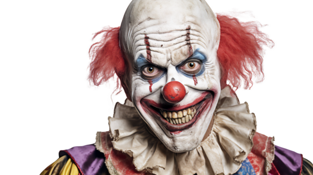 Scary Clown isolated on solid white background.Ai generative.