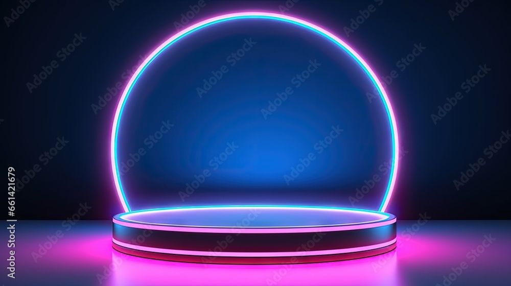 Poster Empty podium with line gradient neon ring on background. 3d render. illustration with abstract scene with pink and blue neon frame