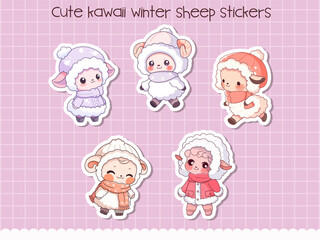 Cute kawaii sheep in winter clothes sticker sheet. Vector illustration.