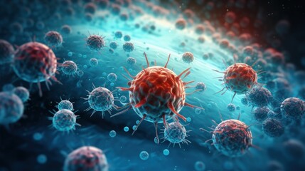 Nanoparticles destroying cancer cells, nanoparticles cancer therapy, cancer cell surrounded by nanoparticles killing the tumor 3d rendering - obrazy, fototapety, plakaty