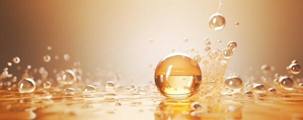 golden yellow Bubbles oil or collagen serum for cosmetic product, 3d rendering, Generative AI - obrazy, fototapety, plakaty
