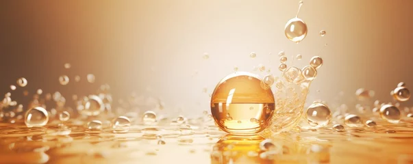 Fotobehang golden yellow Bubbles oil or collagen serum for cosmetic product, 3d rendering, Generative AI © Kishan