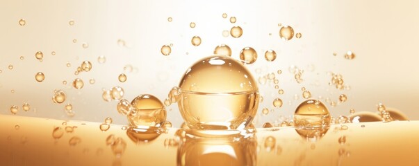 golden yellow Bubbles oil or collagen serum for cosmetic product, 3d rendering, Generative AI - obrazy, fototapety, plakaty