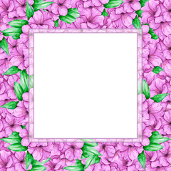 Hand drawn watercolor purple azalea frame border isolated on white background. Can be used for invitation, postcard, poster, decoration and other printed products.