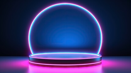 Empty podium with line gradient neon ring on background. 3d render. illustration with abstract scene with pink and blue neon frame