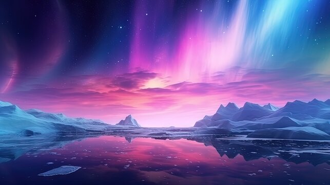 3d Render, Abstract Panoramic Background. Seascape With Cliffs Under The Pink Blue Night Gradient Sky With Northern Lights, Fantasy Scenery Wallpaper With Aurora Borealis