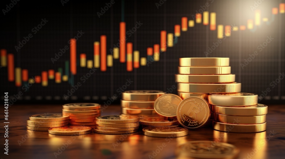 Poster 3d rendering stock market online business concept. business graph with gold coin