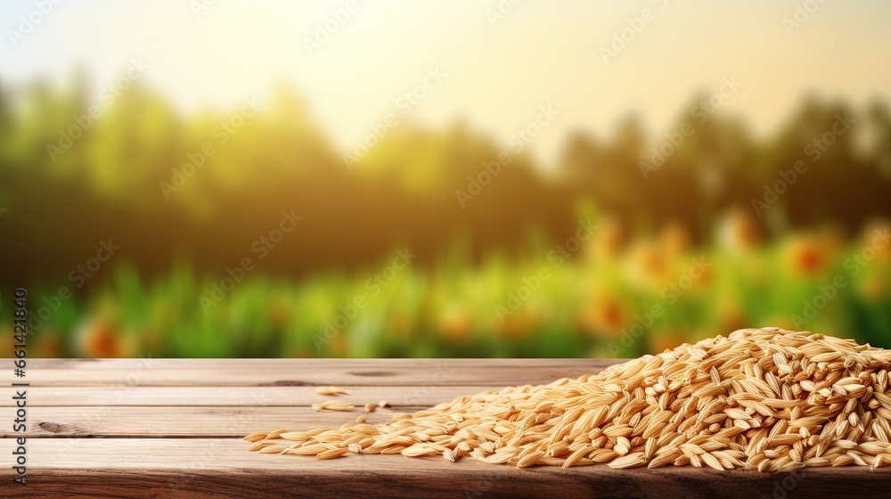 Leinwandbilder wooden table top on blur rice field background in daytime.harvest rice or whole wheat.for montage pr
