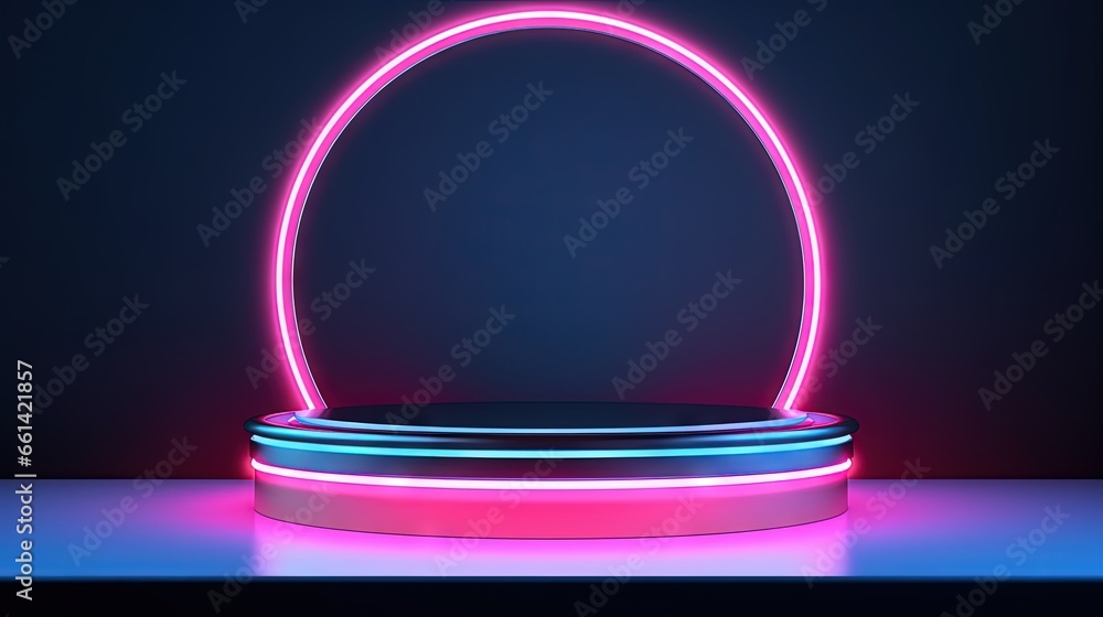 Poster empty podium with line gradient neon ring on background. 3d render. illustration with abstract scene