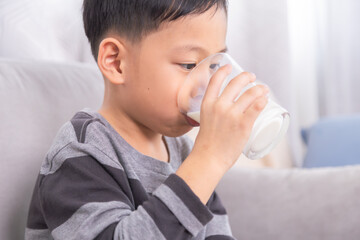 Close-up Asian preschool boy with milk mustache smile at unrecognizable mother sitting on sofa at home, young kid happy hold and drinking a clear glass full of dairy milk, healthy children's lifestyle