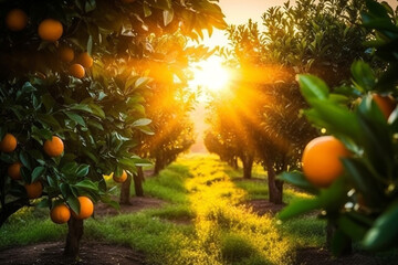 Crop nature orange plant field agricultural sky organic green sunset garden - obrazy, fototapety, plakaty