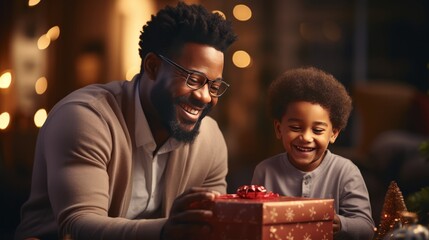 Happy Fathers day. African american kid son giving gift box to dad for holiday at home, Concept of love in family
