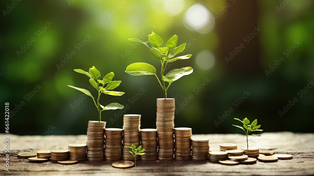 Poster the coins are stacked on the ground and the seedlings are growing on top, the concept of saving mone