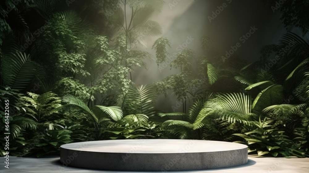 Aufkleber concrete podium in tropical forest for product presentation and green wall.3d rendering