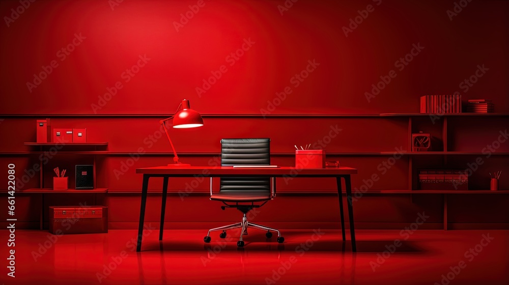 Poster office room with desk, computer and chair in red background, monochrome single color red 3d icon, 3d