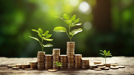 The coins are stacked on the ground and the seedlings are growing on top, the concept of saving money and financial and business growth. - obrazy, fototapety, plakaty