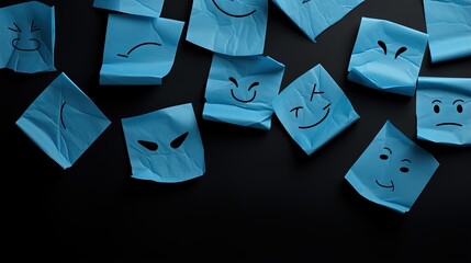 Blue crumpled sticky notes blank with drawing sad face on black background with copy space ready for your message. Blue Monday and mental health concept idea. Flat lay copy space on black background.