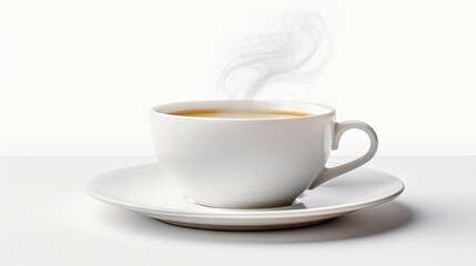Obraz premium White coffee cup on plate with smoke isolated on white background.