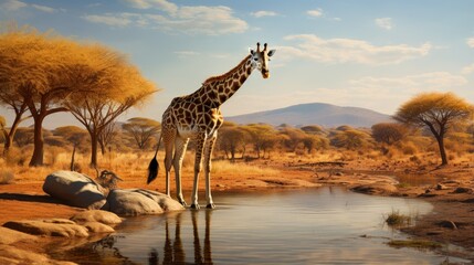 Giraffe drinking at a waterhole in South Africa - obrazy, fototapety, plakaty