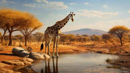Gordijnen Giraffe drinking at a waterhole in South Africa © HN Works