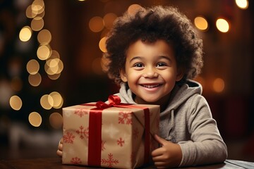 Fototapeta na wymiar Happy Fathers day. African american kid son giving gift box to dad for holiday at home, Concept of love in family