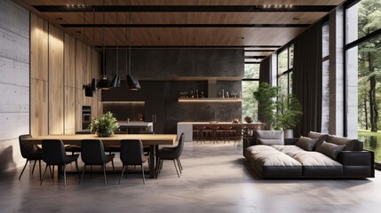 Fototapeta premium Modern contemporary loft living and dining room with nature view 3d render There are wooden wall and ceiling and concrete floor decorated with dark gray fabric furniture