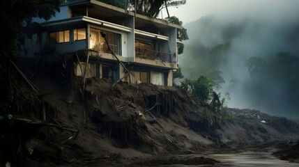 A house stands damaged by a landslide caused by heavy rains in the southeastern coast of Guaruja, Sao Paulo state, Brazil. - obrazy, fototapety, plakaty