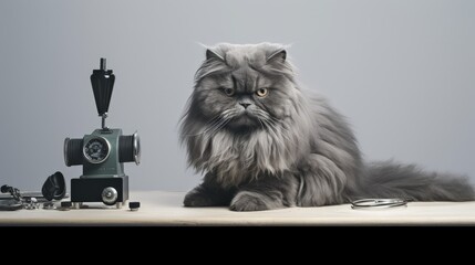 Master of grooming haircut makes gray Persian cat on the table for grooming on a white background - obrazy, fototapety, plakaty