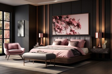 Contemporary bedroom with a glossy black accent wall, elegant lighting, and a plush bed, Generative AI