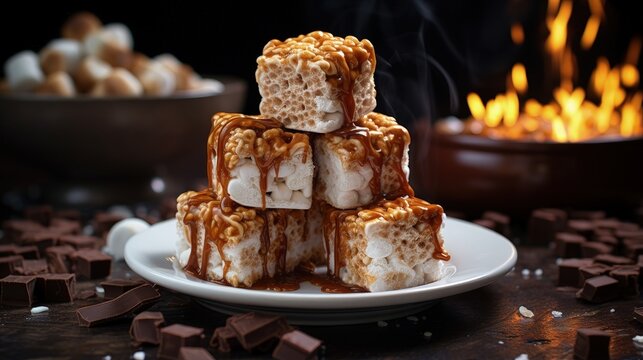 Homemade Caramel Marshmallows covered in chocolate flavor puffed rice, sweet treat easy to make, no baking required, ideal for parties and festivities