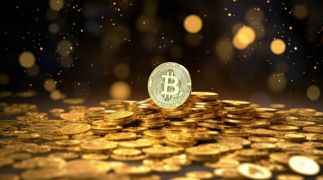 Bitcoin cryptocurrency symbol among piles of golden coins for Defi Blockchain transfers via internet digital crypto currency on computer fintech banking technology and initial token offering (ITO)