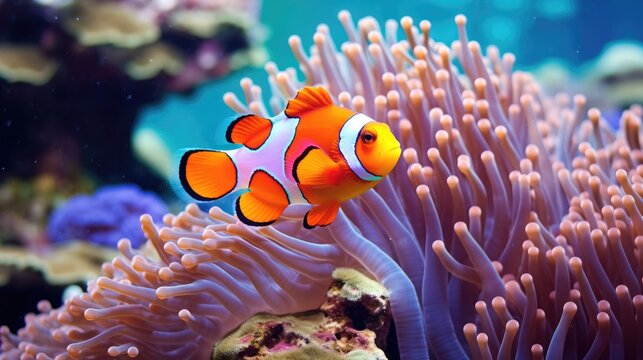 Amphiprion ocellaris clownfish and anemone in sea.
