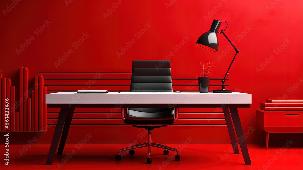 Poster office room with desk, computer and chair in red background, monochrome single color red 3d icon, 3d