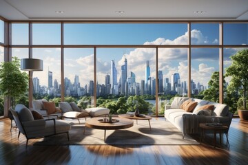 Contemporary living room with floor-to-ceiling windows and city skyline views, Generative AI