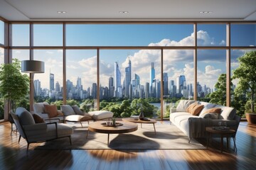 Fototapeta premium Contemporary living room with floor-to-ceiling windows and city skyline views, Generative AI