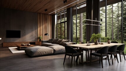 Modern contemporary loft living and dining room with nature view 3d render There are wooden wall and ceiling and concrete floor decorated with dark gray fabric furniture