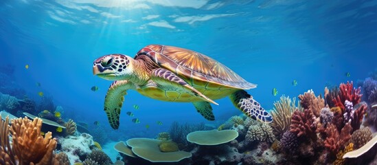 Fototapeta na wymiar Reef dwelling sea turtle found in Belize With copyspace for text